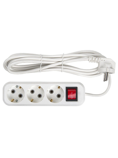 Удлинитель бытовой 3 гнезда, 3 м, ПВС, 3х0.75 мм², с заземлением, 10 А, выключатель, 2200 Вт, General Lighting Systems, 470090