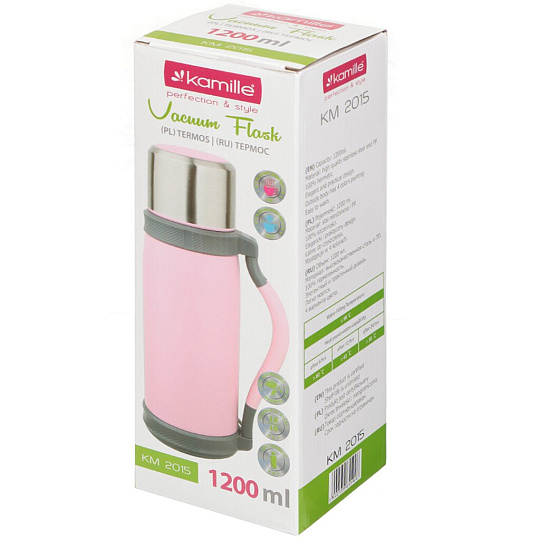 Термос нержавеющая сталь, 1.2 л, узкая горловина, Kamille, колба нержавеющая сталь, с ручкой, в ассортименте, 2015