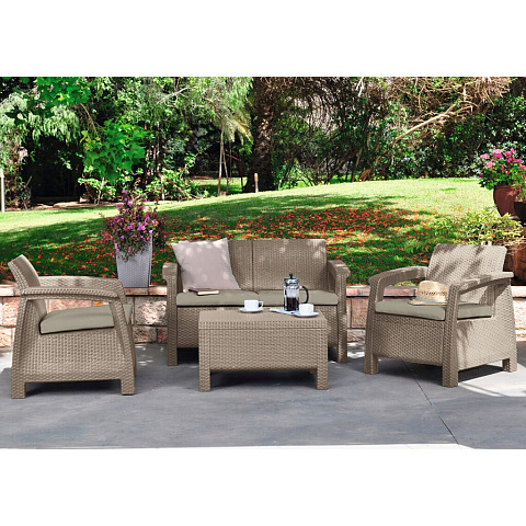 Мебель садовая Corfu Set, стол, 77х57х42 см, 2 кресла, 1 диван, подушка капучино, 110 кг, 17197361 РОС/КАП