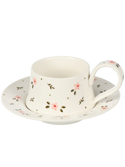Чайная пара керамика, 2 предмета, на 1 персону, 250 мл, Английский стиль, розовые цветы, ручная работа, блюдце 17х3 см, B060323