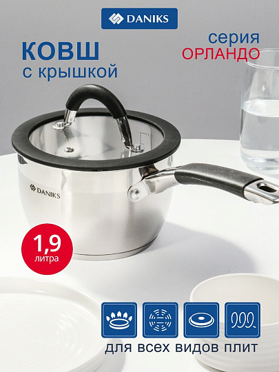 Ковш нержавеющая сталь, 1.9 л, крышка стекло, силиконовая ручка, индукция, Daniks, Орландо, GS-01435-16S