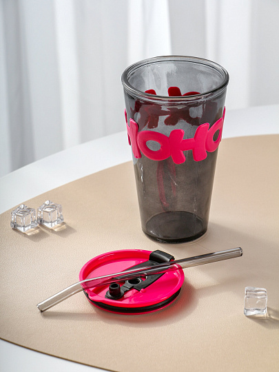 Стакан 450 мл, стекло, Пинк, с трубочкой, B060521