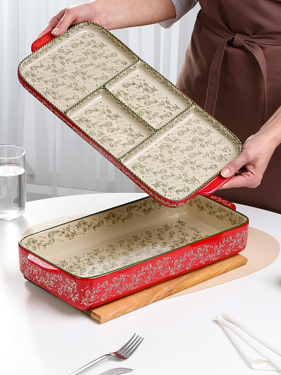 Форма для запекания керамика, 43х20х8.5 см, прямоугольная, Ветви на красном, B010431