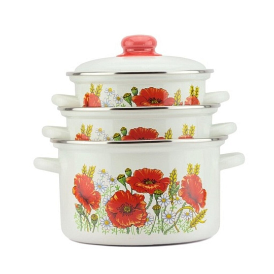 Набор посуды эмалированная сталь, 6 предметов, кастрюли 2,3,4 л, Магнитогорская эмаль, Красные маки, 2-3088/4