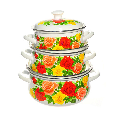 Набор эмалированной посуды Керченский металлургический завод Розовый рай-1, (кастрюля 2+3+4 л), 6 предметов