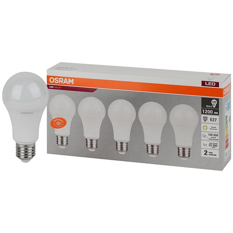 Лампа светодиодная LED Value LVCLA125 15SW/830 230В E27 2х5 RU (уп.5шт) OSRAM 4058075577800