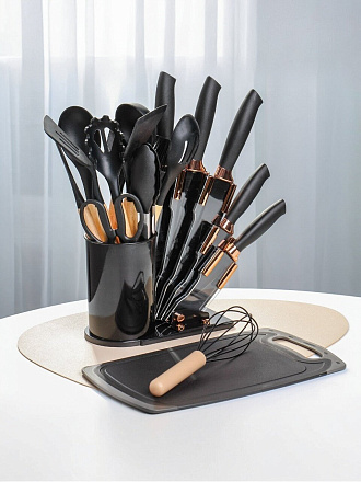 Набор кухонных принадлежностей 19 предметов, силикон, бамбук, на подставке, с доской, черный, Daniks, Y4-9609