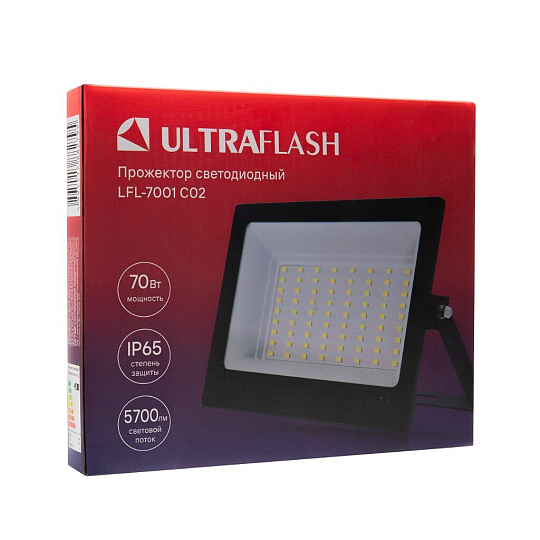 Прожектор светодиодный, Ultraflash, LFL-7001 C02, 70 Вт, 6500 К, IP65, 5700 Лм, 230 В, черный, 13328
