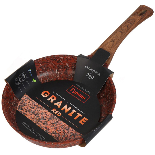 Сковорода алюминий, 24 см, антипригарное покрытие, Гурман, Granite Red, красная, ручка под дерево, ГМ2401 ГР