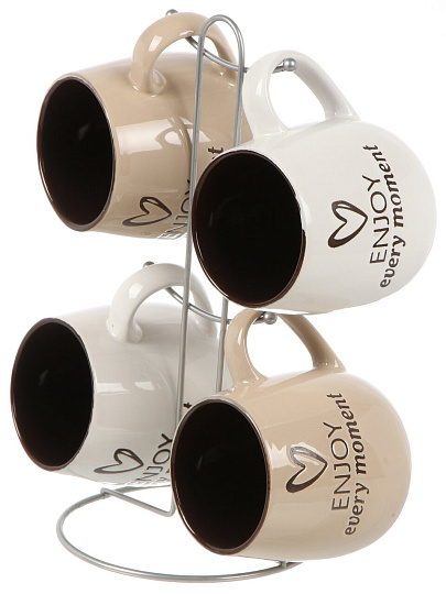 Набор кружек керамика, 4 шт, 380 мл, металлическая подставка, ТМ Глория, 202391, металл