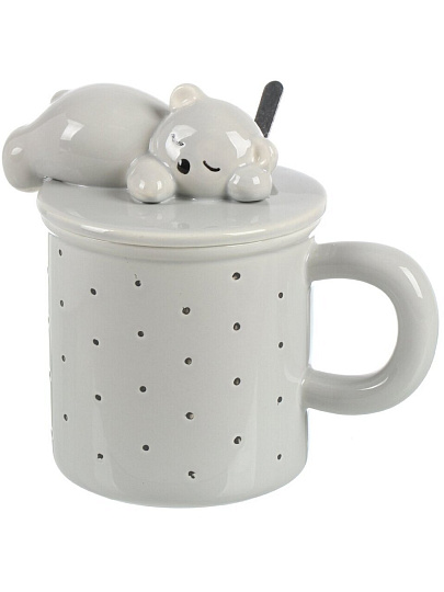 Кружка керамика, 400 мл, Спящий мишка, с крышкой, с ложкой, с крышкой и ложкой, Y4-8976, в ассортименте