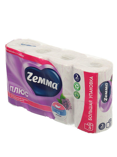Туалетная бумага ZEMMA, Сирень, 2 слоя, 8 шт, 23 м, с втулкой, белая