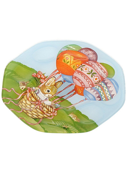 Блюдо стекло, для яиц, круглое, 21 см, разноцветное, Пасхальный зайчик, Daniks