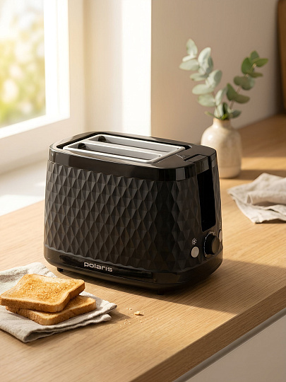 Тостер Polaris, PET 0734, пластик, 900 Вт, 2 тоста, механический, 6 степеней прожарки, черный