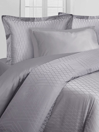 Постельное белье евро, простыня 240х260 см, 2 наволочки 70х70 см, 2 наволочки 50х70 см, пододеяльник 200х220 см, Mona Liza, сатин-жаккард, Mona Liza Royal, Royal Грань серебристая