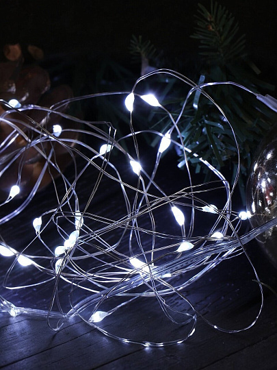 Гирлянда 50 ламп, 5 м, 1 режим, холодный белый свет, серебристая, в помещении, на батарейках, LED, Y4-7523