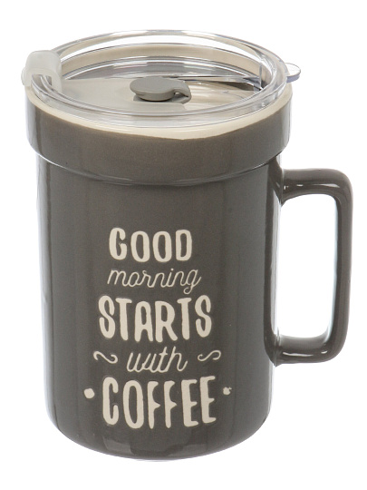 Кружка керамика, 400 мл, с крышкой, с трубочкой, Утро начинается с кофе, Y4-11315, в ассортименте