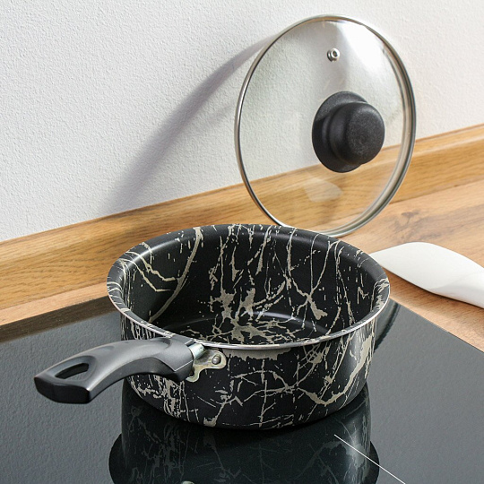 Ковш алюминий, антипригарное покрытие, 1 л, крышка стекло, бакелитовая ручка, Vari, Антрацит, ANT65116/11