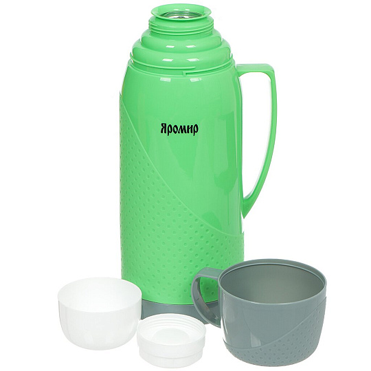Термос пластиковый со стеклянной колбой Яромир ЯР-2023С/1 с узким горлом зеленый с серым, 1.8 л