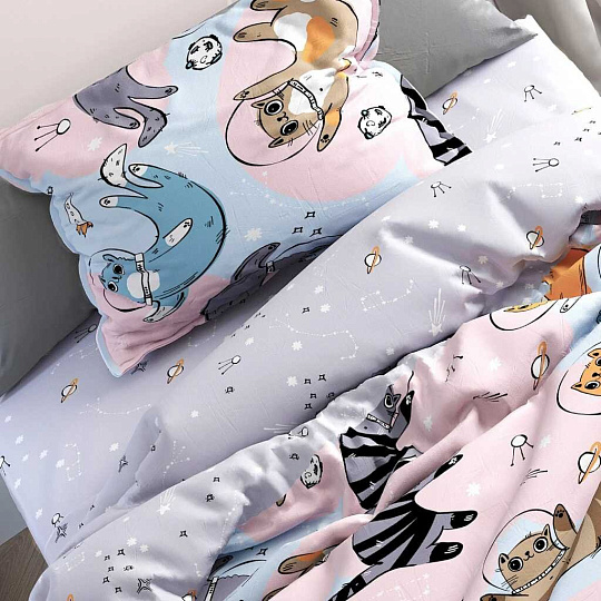 Постельное белье детское 1.5-спальное, простыня 150х215 см, 1 наволочка 70х70 см, пододеяльник 145х215 см, FreeDom, бязь, Коты в Космосе