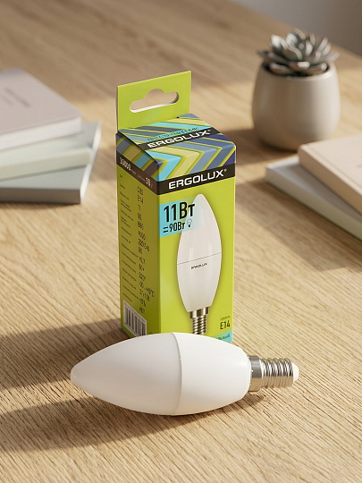 Лампа светодиодная E14, 11 Вт, 90 Вт, свеча, 4000 К, нейтральный белый свет, Ergolux, 13619