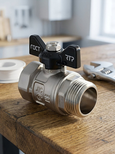 Кран для воды, 3/4", г-ш, латунь, ручка-бабочка, никель, ГОСТ, PN40, RTP