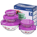 Салатник стекло, круглый, 5 шт, 7.9 см, 9, 10.3, 12.5, 14, 17 см, с крышкой, Пионы, Daniks, фиолетовый