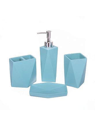 Набор для ванной 4 предмета, голубой, полирезина, стакан, подставка для зубных щеток, дозатор для мыла, мыльница, Y324