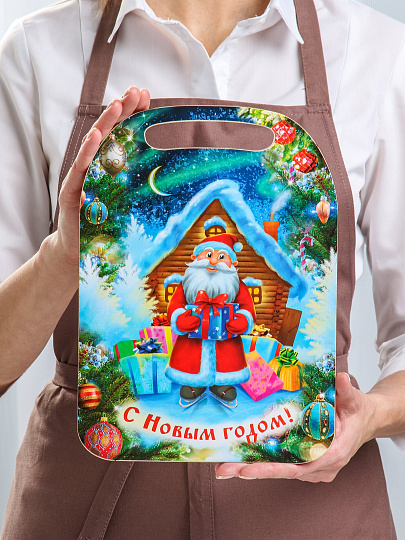 Доска разделочная дерево, 29х21х0.6 см, с ручкой, Дед Мороз с подарком, К-190