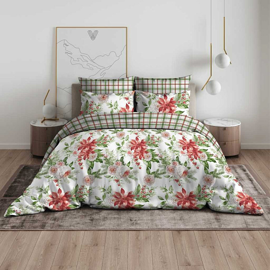 Постельное белье евро, простыня 200х216 см, 2 наволочки 70х70 см, пододеяльник 200х215 см, Василиса, бязь, Пуансетия