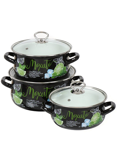 Набор посуды эмалированная сталь, 6 предметов, кастрюли 2,3,4 л, МП, Керченский металлургический завод, Мохито-1 Экстра Стиль, черный