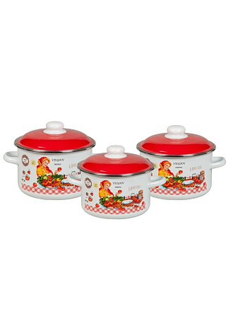 Набор посуды эмалированная сталь, 3 предмета, кастрюли 2,3,4 л, индукция, СтальЭмаль, Хозяюшка, 6KB021M