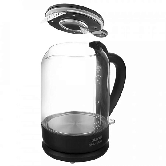 Чайник электрический Polaris, PWK 1753CGL, черный, 1.5 л, 1800 Вт, скрытый нагревательный элемент, стекло