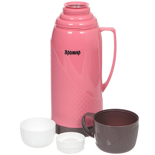 Термос пластиковый со стеклянной колбой Яромир ЯР-2023С/2 с узким горлом розовый с коричневым, 1.8 л