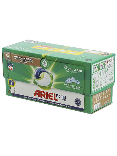Капсулы для стирки Ariel, Liquid Capsules Горный родник, 28 шт, капсула 19.5 г