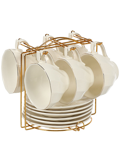 Набор чайный фарфор, 12 предметов, на 6 персон, 230 мл, металлическая подставка, ТМ Глория, Bonjart, 202337, подарочная упаковка