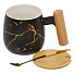 Кружка керамика, 400 мл, с крышкой, с ложкой, деревянная ручка, Y6-10239, черный мрамор - фото 3