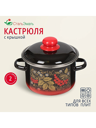 Кастрюля эмалированная сталь, 2 л, крышка сталь, цилиндрическая, СтальЭмаль, Рябина, 7RD161M/7RD161S, индукция