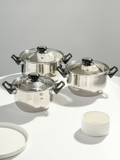 Набор посуды нержавеющая сталь, 6 предметов, кастрюли 1,9, 2,8, 3,8.л, DNN1, SD-A19-6