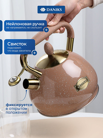 Чайник нержавеющая сталь, 3 л, со свистком, матовый, сталь 304, ручка с покрытием, нейлон, Daniks, индукция, коричневый, GS-04517H-2