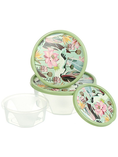 Набор контейнеров пищевых пластик, 0.4, 0.85, 1.4 л, 19х8 см, 3 шт, зеленый, круглый, Homver, Botanica, 222133318/08