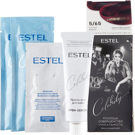 Краска для волос, Estel, Celebrity, 5/65, спелая вишня, краска+бальзам+перчатки+инструкция, 140 мл