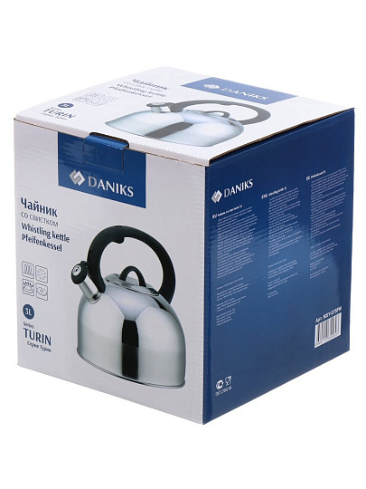 Чайник нержавеющая сталь, 3 л, со свистком, зеркальный, ручка бакелитовая, с силиконовым покрытием, Daniks, Турин, индукция, MSY-075PM