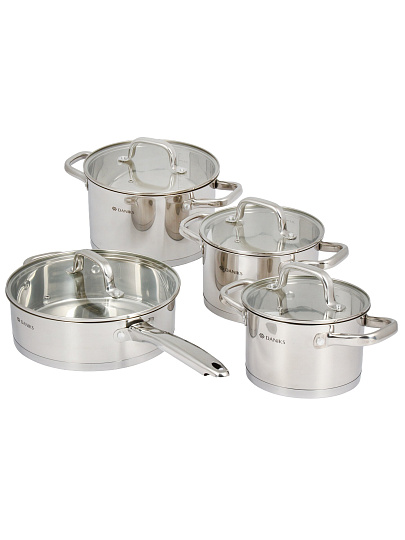 Набор посуды нерж, 8 пр, кастрюли 2.1,2.9,5.1 л, сковорода 3.1 л, индукц, Daniks, Рейн