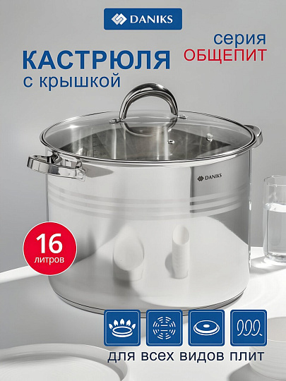 Кастрюля нержавеющая сталь, 16 л, крышка стекло, Daniks, Общепит, SD-6BP-16, индукция