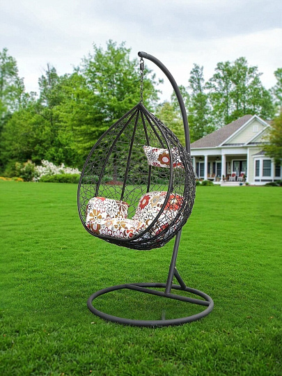 Подвесное кресло Кокон, 1-мест, 105х105х195 см, 100 кг, кофейное, ротанг, подушка цветочная, Y6-1805