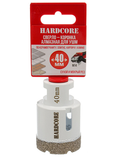 Коронка алмазная, по керамограниту, Hardcore, М14, диаметр 40 мм, для УШМ, 155040