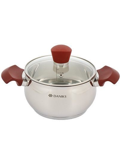 Кастрюля нержавеющая сталь, 1.9 л, крышка стекло, Daniks, Орлея, GS-01159P-16CA, индукция