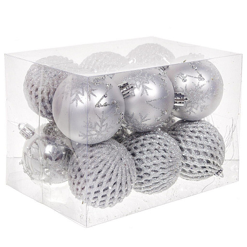 Елочный шар 12 шт, серебро, 6 см, пластик, SYQB-012050
