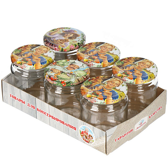 Набор банок стекло, 0.45 л, 6 шт, с крышкой, Москвичка, лоток дерево, 03032983